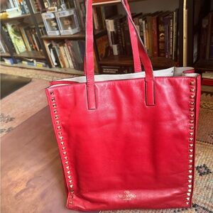 Valentino Red Leather Tote with Gold Studs